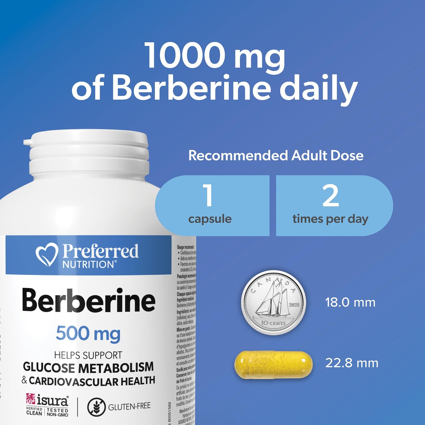 Preferred Nutrition Berberine MAXIMUM POTENCY 1000 mg per Serving (2 caps, 500 mg each), 120 Vegetarian Capsules = 60 Day Supply, Berberine Supplements, Canadian Company - Available at All In One Marketplace Canada