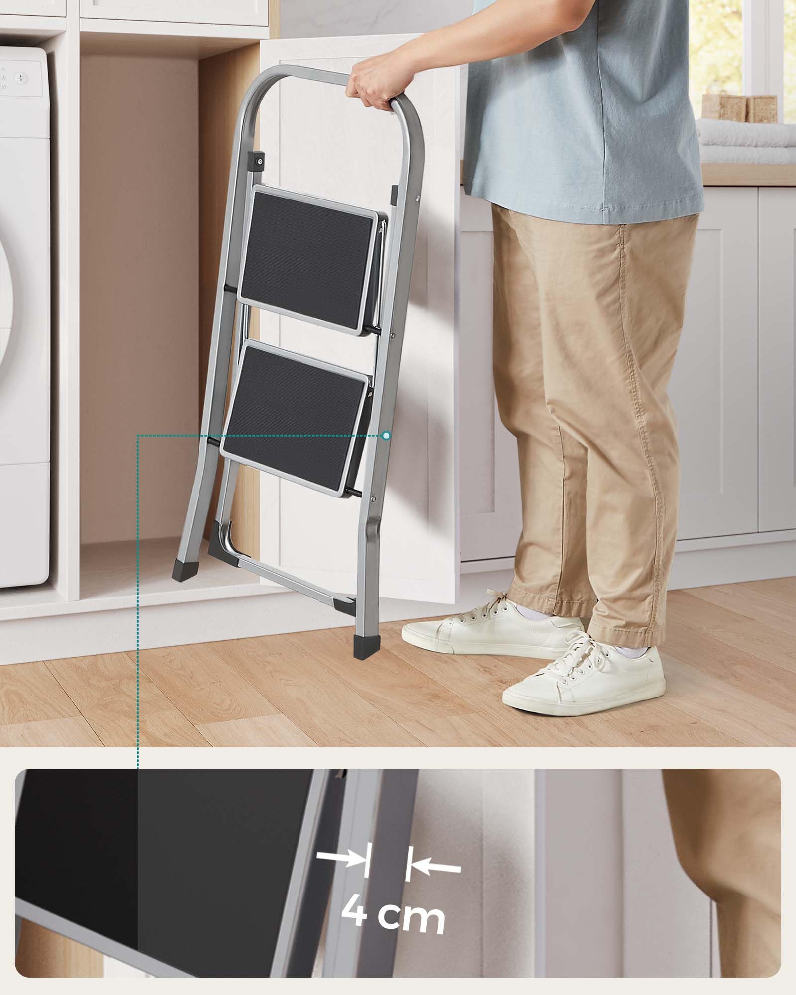 SONGMICS Step Ladder, 2-Step Ladder, Folding Ladder, Safety Lock, Space-Saving Storage, Holds up to 330 lb, Dove Gray UGSL012G01 SONGMICS