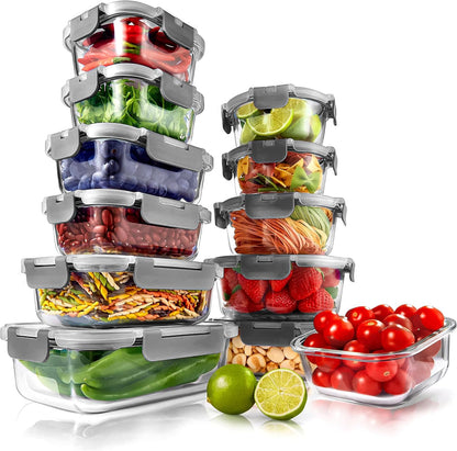 NutriChef 24-Pc Glass Food Storage Containers, Airtight Leakproof Lids
