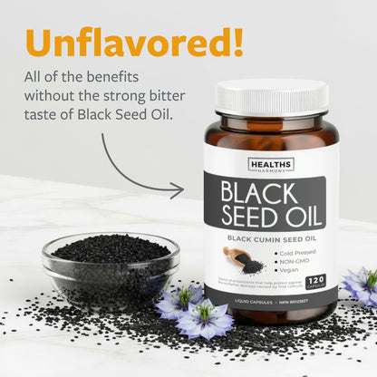 Black Seed Oil Capsules | Cold Pressed | Antioxidant, Blood Sugar & Liver Support | Pure Black Cumin Seed Oil | High in Omega 3 6 9 | Non-GMO & Vegan Black Cumin Oil | 120 Nigella Sativa Softgels - Available at All In One Marketplace Canada