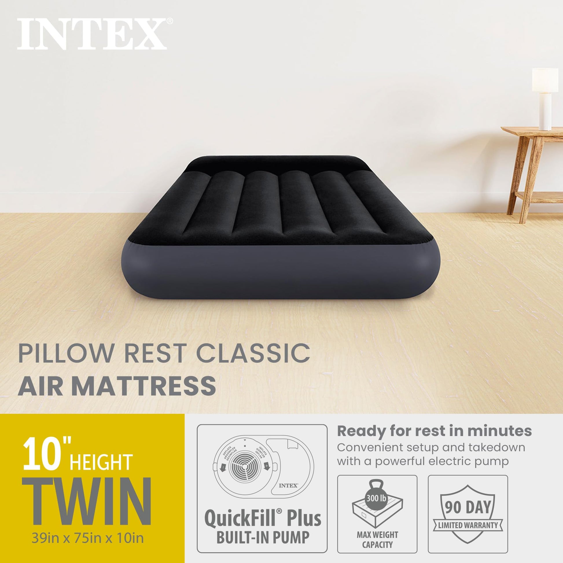 INTEX 64145ED Dura-Beam Standard Pillow Rest Air Mattress: Fiber-Tech – Twin Size – Built-in Electric Pump – 10in Bed Height – 300lb Weight Capacity Intex