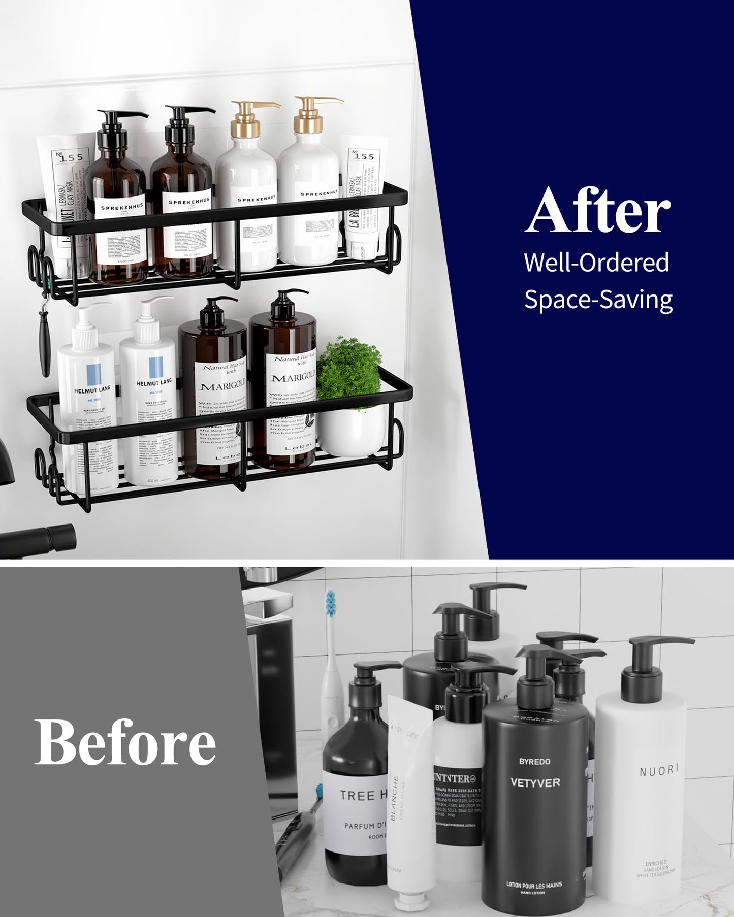 Kitsure Shower Caddy - 2 Pack Rustproof Stainless Steel Shower Organizer, No-Drill & Quick-Dry Shelves with Large Capacity, Durable Rack with 4 Hooks, Large, Black - Available at All In One Marketplace Canada