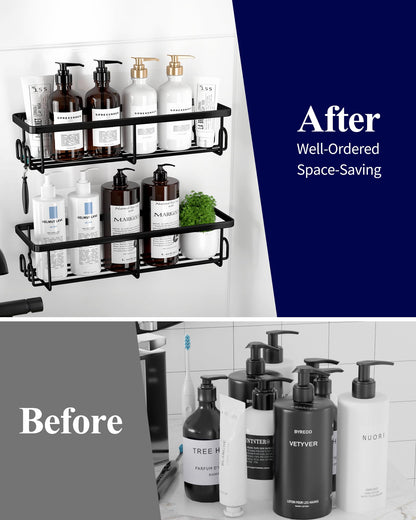 Kitsure Shower Caddy - 2 Pack Rustproof Stainless Steel Shower Organizer, No-Drill & Quick-Dry Shelves with Large Capacity, Durable Rack with 4 Hooks, Large, Black - Available at All In One Marketplace Canada