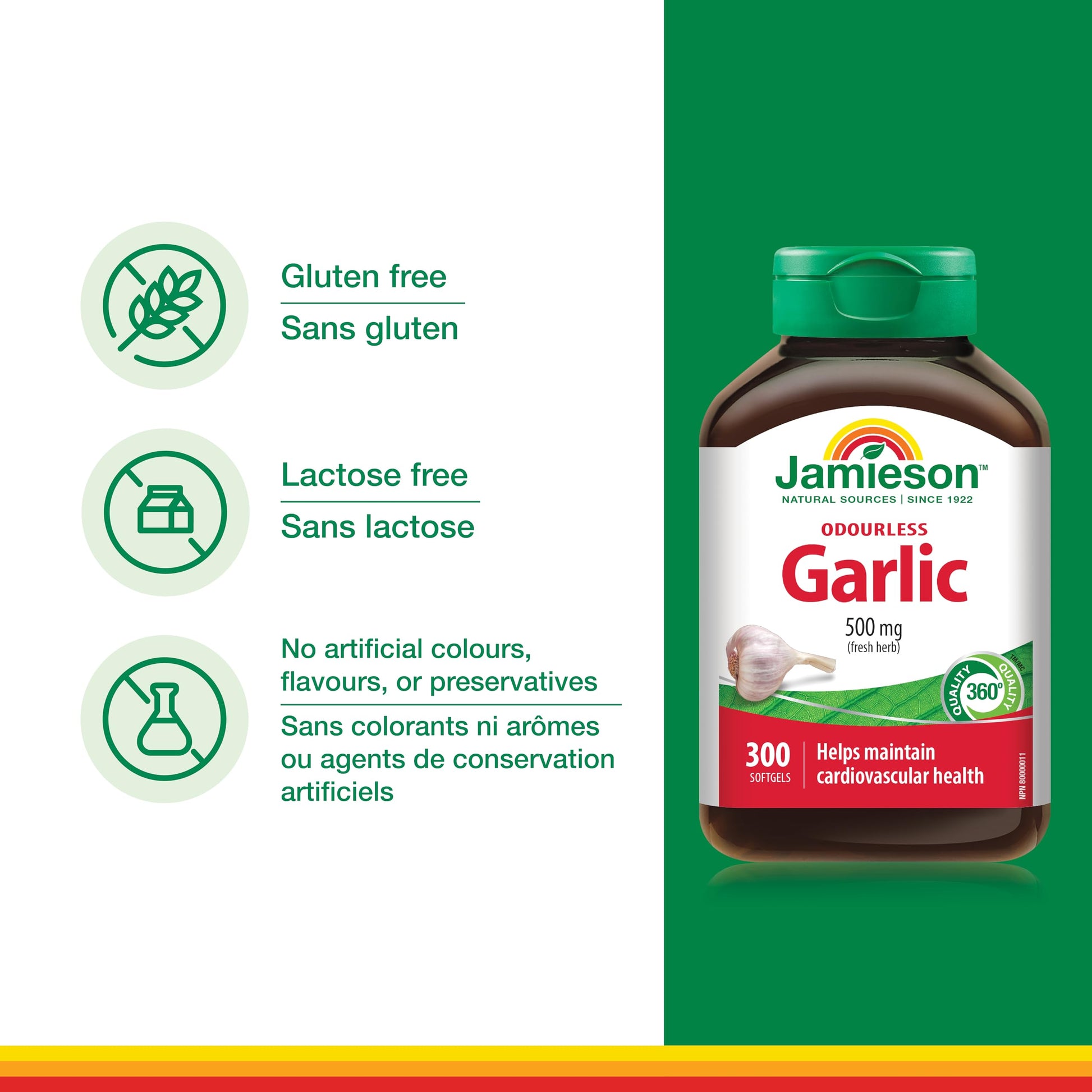 Jamieson Odourless Garlic 500 mg, Supports Heart Health, and Provides Immune Support. Non-GMO, Gluten-Free, 300 Softgels, Proudly Canadian - Available at All In One Marketplace Canada