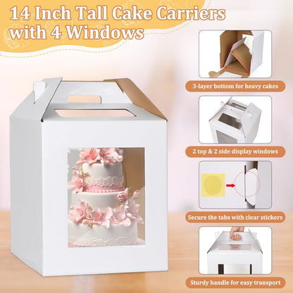 3 Pack Tall Cake Box for Tier Cake with Cake Board, 12 x 12 x 14 Inch Large Tiered Cake Carriers with Clear Windows & Handle, Disposable Bakery Take Out Transport Container for Birthday Wedding Party 🍁 All In One Marketplace Canada