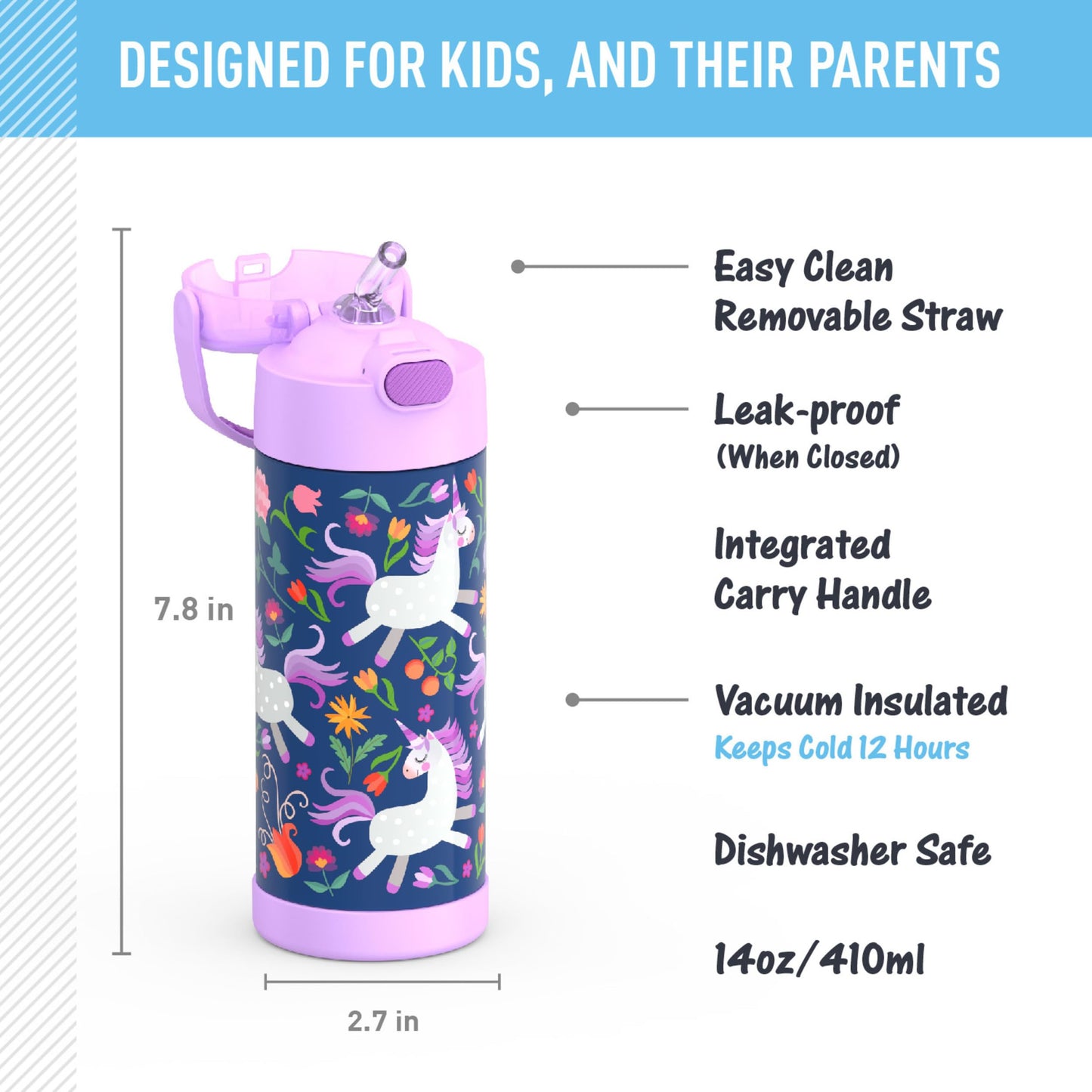 THERMOS FUNTAINER 14 Ounce Stainless Steel Vacuum Insulated Bottle, Unicorn Blooms