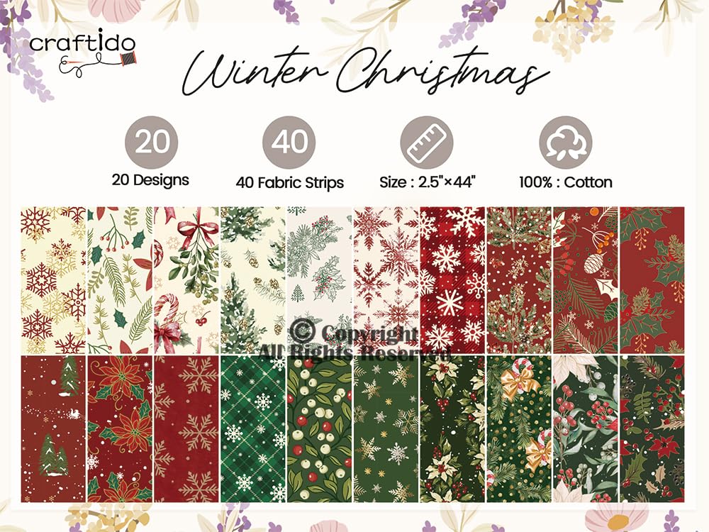 Craftido-20 Options-100% Cotton Jelly Roll Fabric Precut Strips for Quilting, Crafting, and Sewing, 40 Strips 2.5" x 44" Assorted Bundles for Rugs, Quilts, DIY Crafts and Home Decor-Winter Christmas 🍁 All In One Marketplace Canada