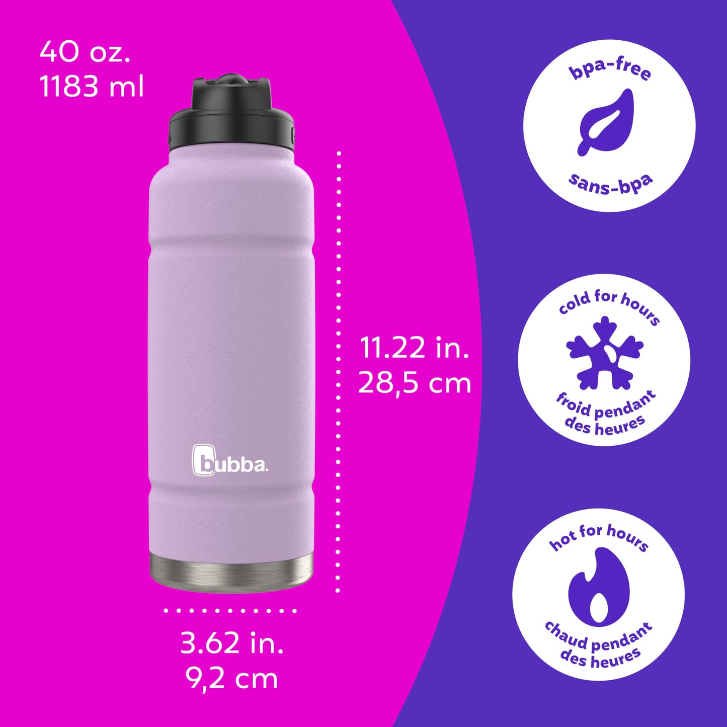 Bubba Trailblazer Stainless Steel Water Bottle with Straw Lid, Vacuum-Insulated, Lavender Frost, 40 oz (1.18 L) bubba
