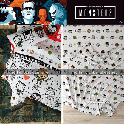 Universal Little Monsters Halloween Full Bed Set – Super Soft & Cozy 5 Piece Reversible Comforter and Sheet Set Featuring Snoopy & Charlie Brown, (Officially Licensed Product) by Franco