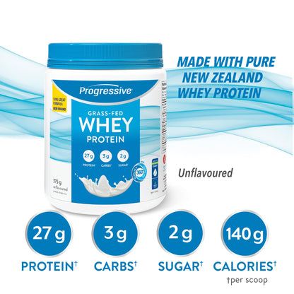 Progressive Grass-Fed 100% Whey Protein Powder Unflavoured, 27g of New Zealand Whey Concentrate per Scoop for Muscle Gain, Pasture-Raised, Non-GMO, Canadian-Made Antibiotic-free, Hormone-free, 375 g