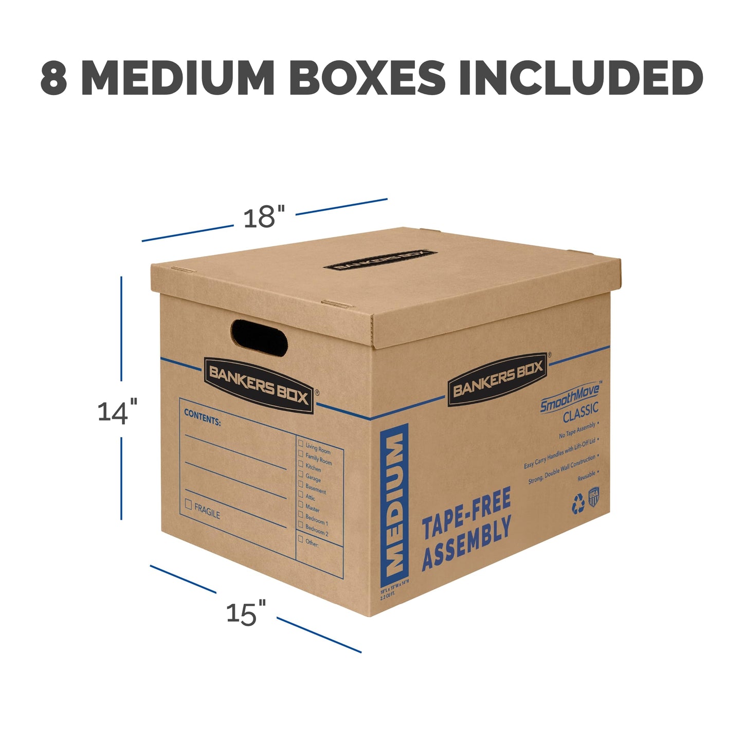 Bankers Box SmoothMove Classic Moving Boxes, Tape-Free Assembly, Easy Carry Handles, Medium, 18 x 15 x 14 Inches, 8 Pack (7717210) Bankers Box