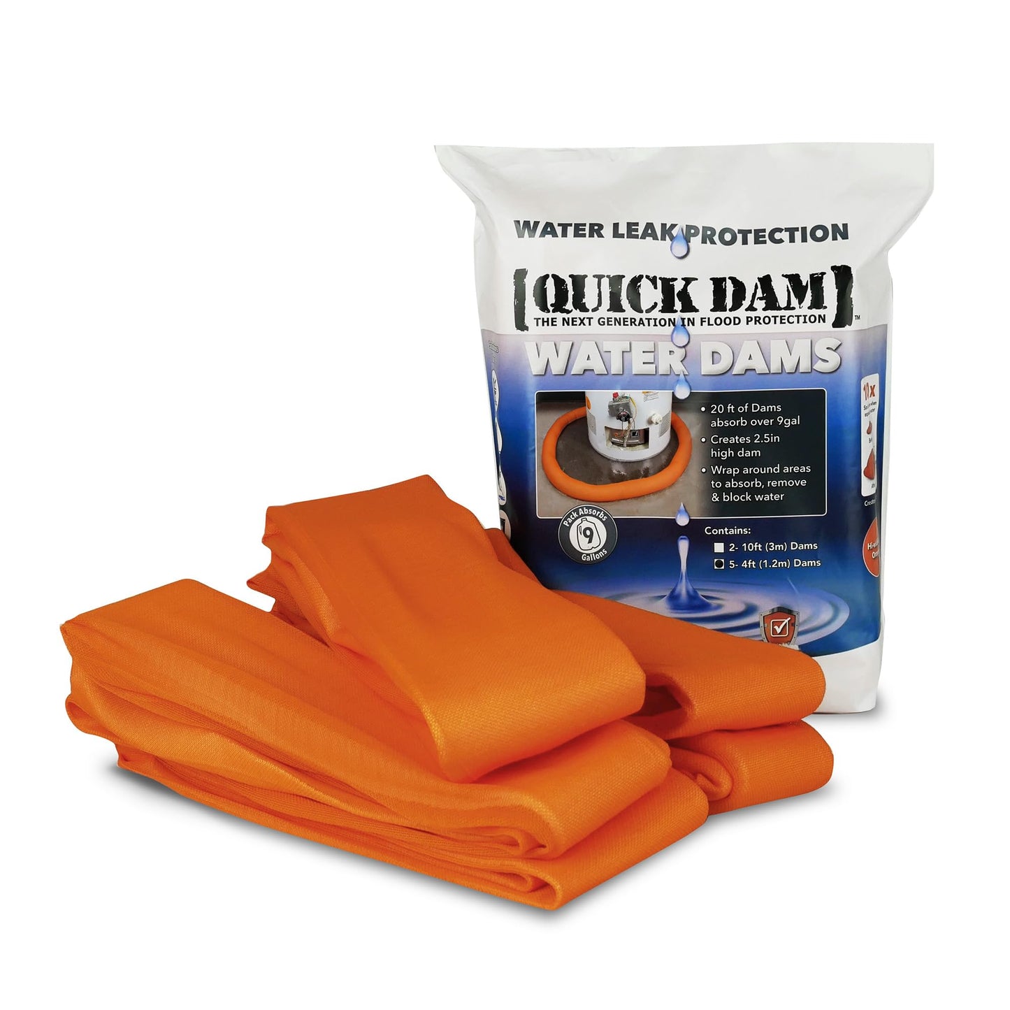 Quick Dam Indoor Water Dams – 5 Pack, 4ft Barriers for Leak and Spill Control – Absorbs Water on Contact – Expands to 2.5” Height – Ideal for Basements, Appliances, Doorways, and More Quick Dam