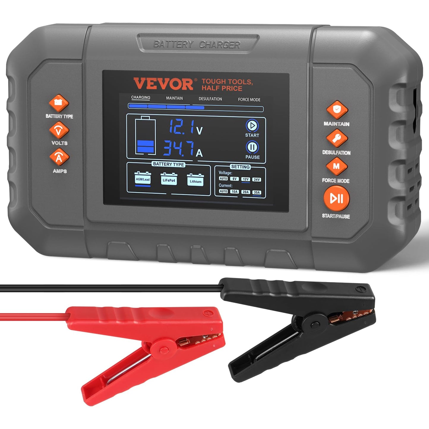 VEVOR Smart Battery Charger, 35-Amp, Lithium LiFePO4 Lead-Acid (AGM/Gel/SLA) Car Battery Charger with LCD Display, Trickle Charger Maintainer Desulfator for Boat Motorcycle Lawn Mower Deep Cycle VEVOR