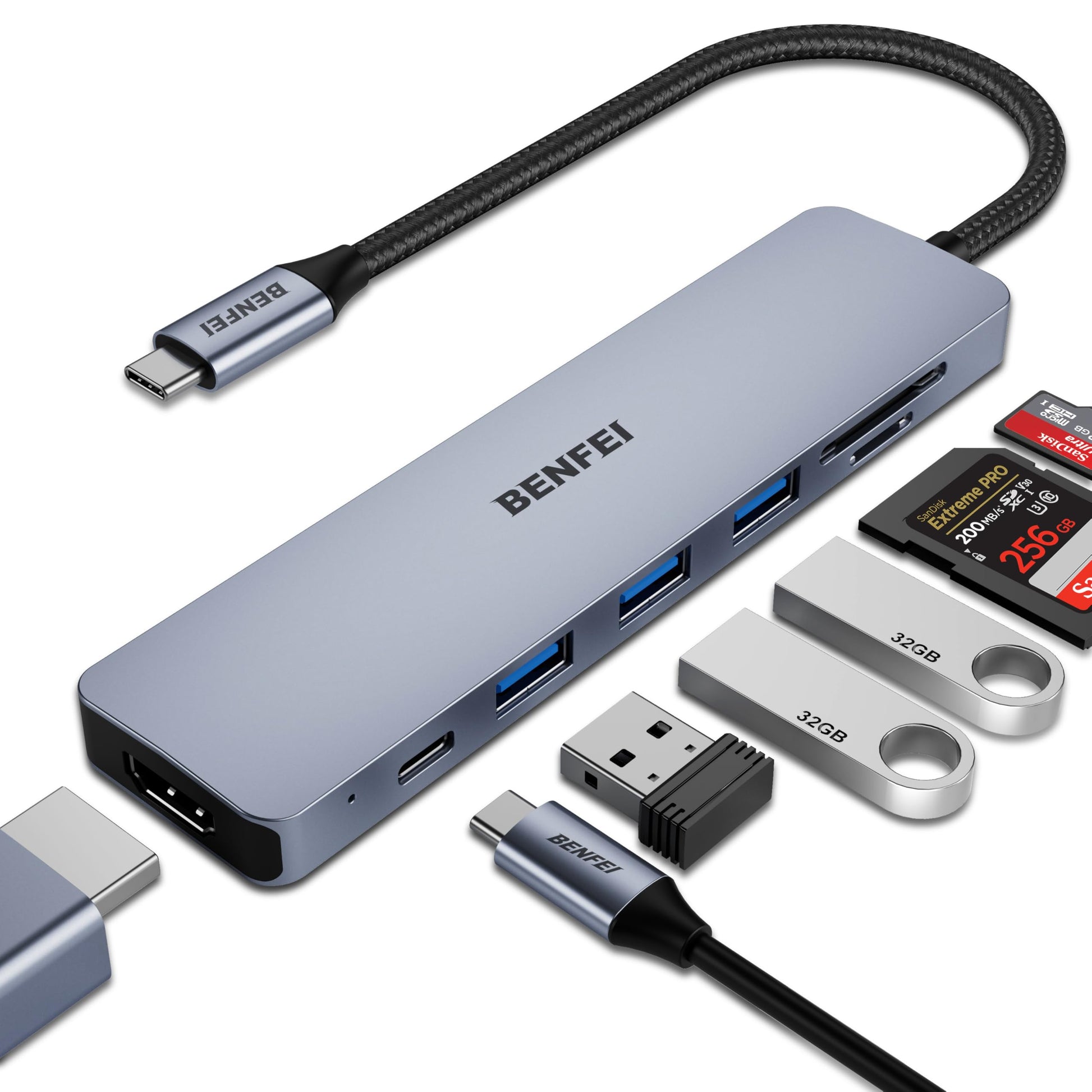 BENFEI USB C HUB 7in1, USB C HUB Multiport Adapter with USB-C to HDMI, USB-C to SD/TF Card Reader/3*USB 3.0/100W Power Delivery, Compatible with iPhone 15 Pro/Max, MacBook, iPad Pro, iMac, S23, XPS17 - Available at All In One Marketplace Canada