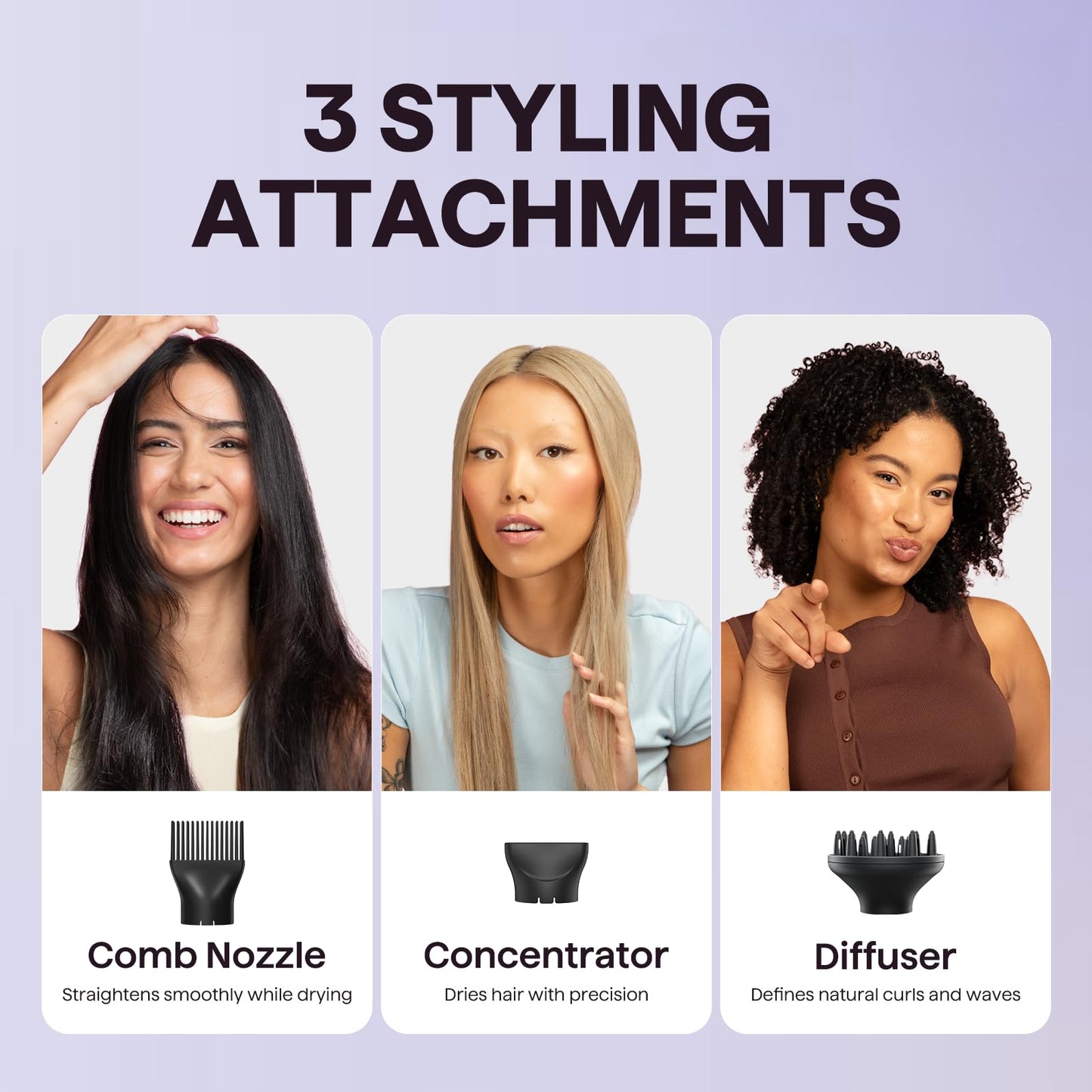 Wavytalk Hair Dryer with Diffuser, Blown Away Ionic Hair Dryer for Curly Hair, 1875W Fast Drying Blow Dryer with Ceramic Technology, 3 Attachments for All Hair Types, Light and Quiet, Muted Black - Available at All In One Marketplace Canada