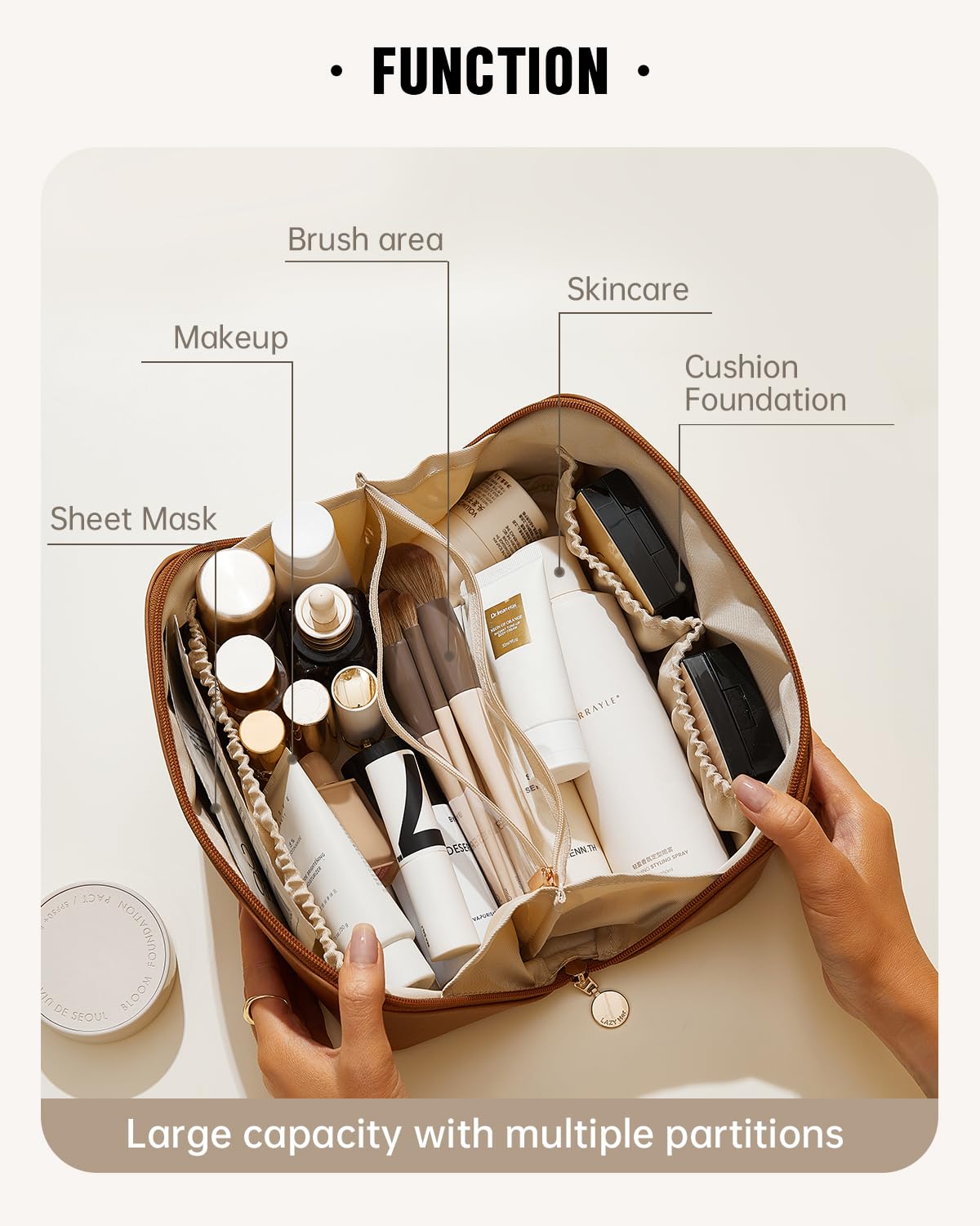 EACHY Travel Makeup Bag,Large Capacity Cosmetic Bags for Women,Waterproof Portable Pouch Open Flat Toiletry Bag Make up Organizer with Divider and Handle, Gifts for Women (Brown, Medium) - Available at All In One Marketplace Canada