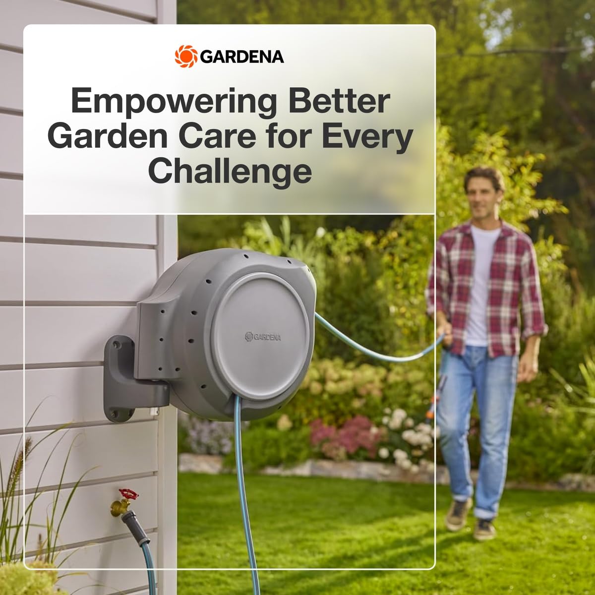 GARDENA 20502-80, Retractable Garden Hose Reel 75' x 1/2" Hose, Wall Mounted, Automatic Retraction & Length Lock for Easy Watering. Heavy Duty Swivel Bracket 180°, Includes Nozzle. Made in Europe 🍁 All In One Marketplace Canada GARDENA