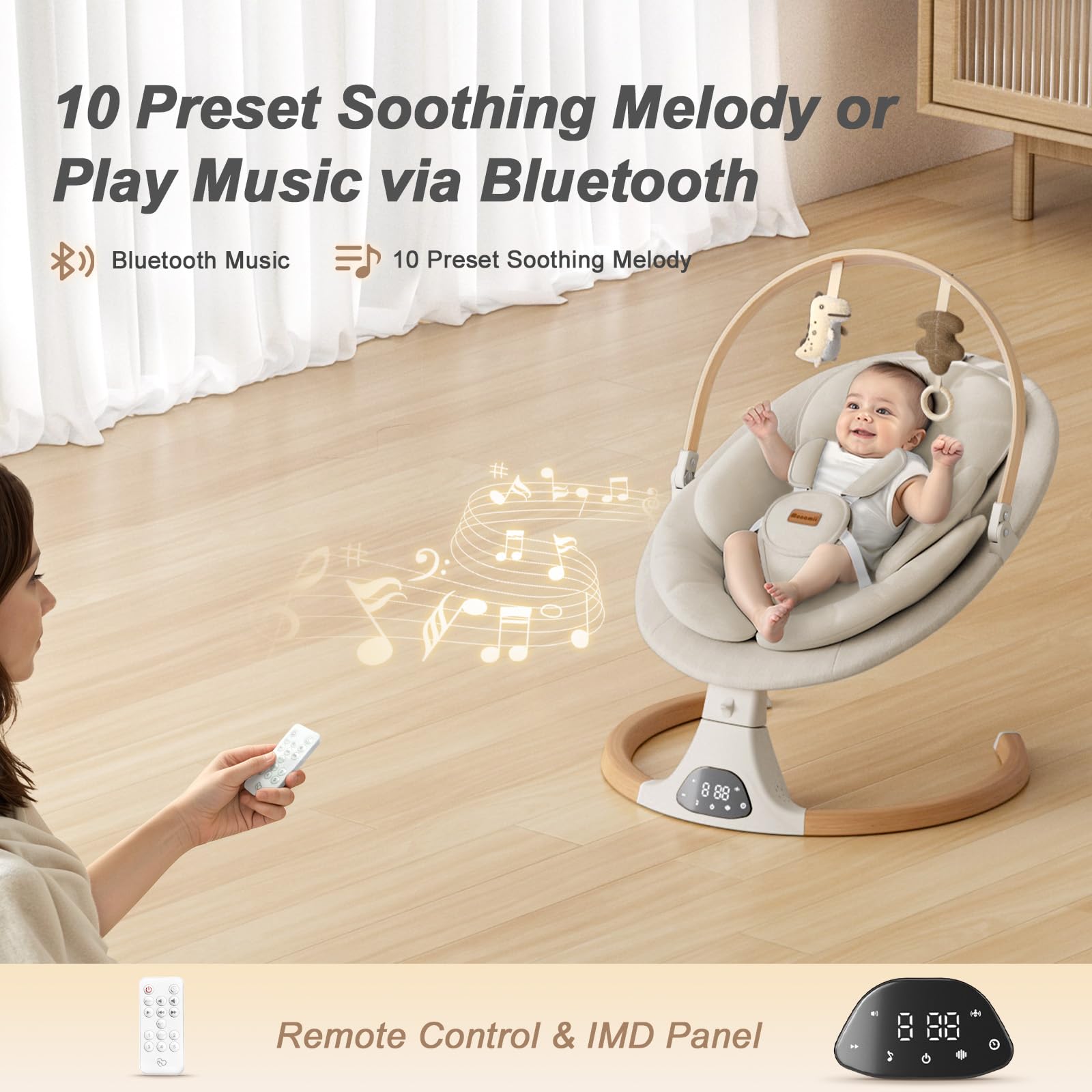 Baby Swings for Infants, Monamii Baby Swing, Bluetooth Infant Swing with Music Speaker, 5 Speeds and Remote Control, Electric Swing for Baby, Portable Baby Swing, Indoor & Outdoor Use (Light Beige) - Available at All In One Marketplace Canada