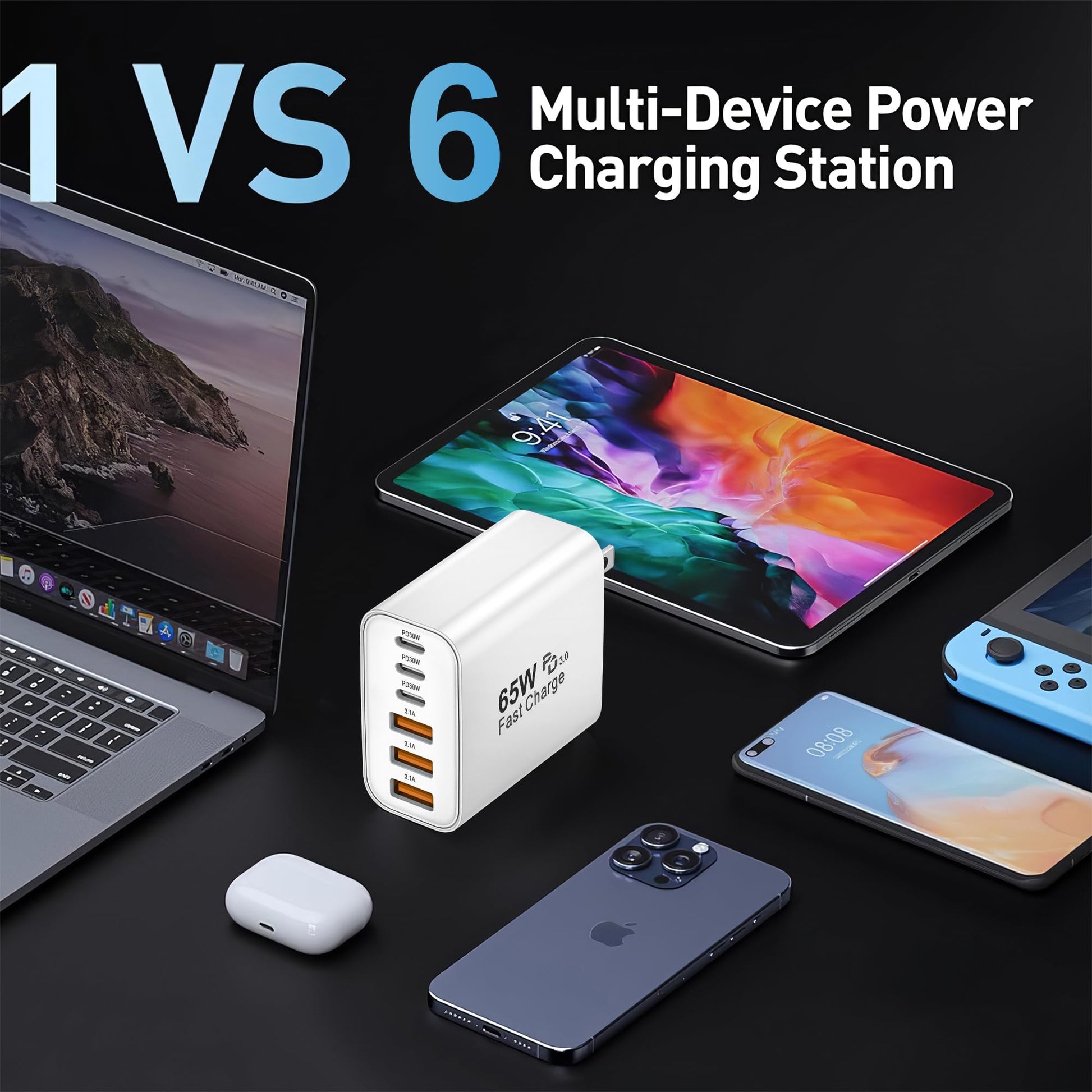 USB C Charger Block,65W 6-Port Multi Device Fast Charger PD QC Wall Adapter - Available at All In One Marketplace Canada