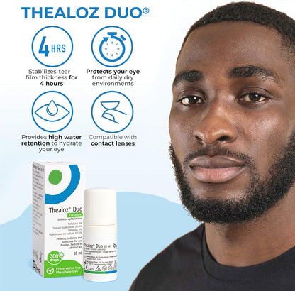 Thea Pharma Thealoz Duo Eye Drops, Clinically Proven for Dry Eyes, Hydration with Hyaluronic Acid & Trehalose, Tear Film Stabilization, Contact Lens Compatible - 10 ml (300 Drops)