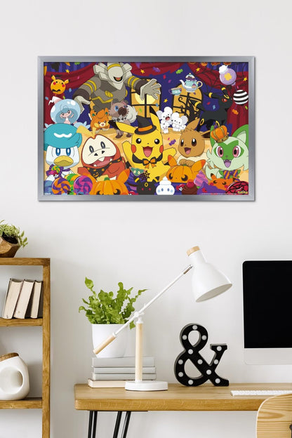 Pokémon : Fête d'Halloween - Affiche murale de groupe, 34"L x 22,4"l, version cadre argenté