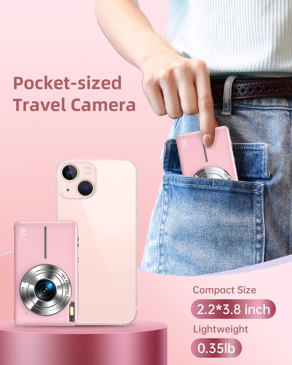 CAMKORY Digital Camera, Full HD 1080P Point and Shoot Camera, 44MP Kids Camera with 32GB Card, 16X Zoom, Pink - Available at All In One Marketplace Canada