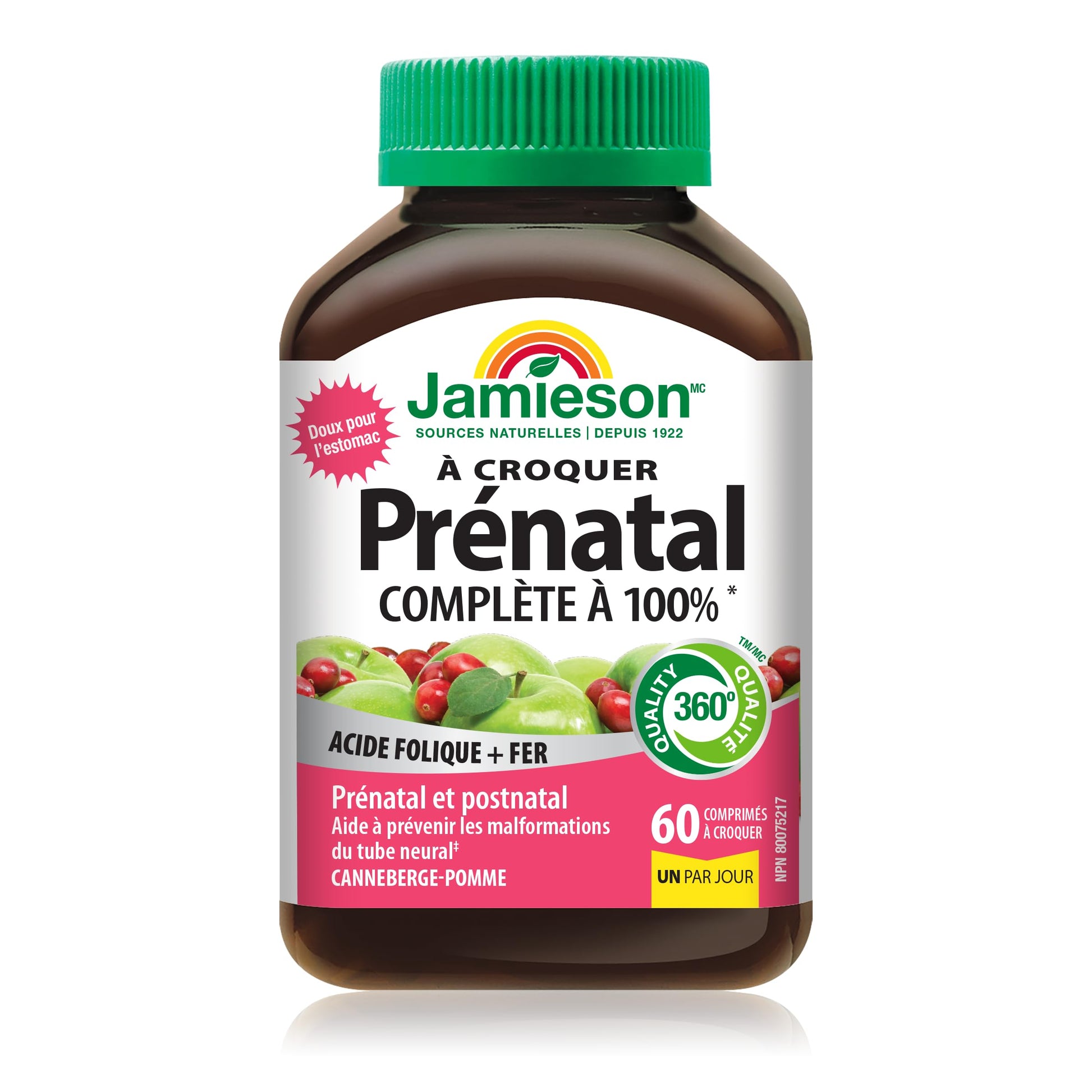 Jamieson Prenatal 100% Complete Multivitamin Chewable Cranberry Apple Flavour, with Folic Acid and Iron. Formulated for Prenatal and Postnatal, and While Breastfeeding, Prevents Neural Tube Defects, No Artificial Colours or Flavours, One Per Day, 60 Count - Available at All In One Marketplace Canada