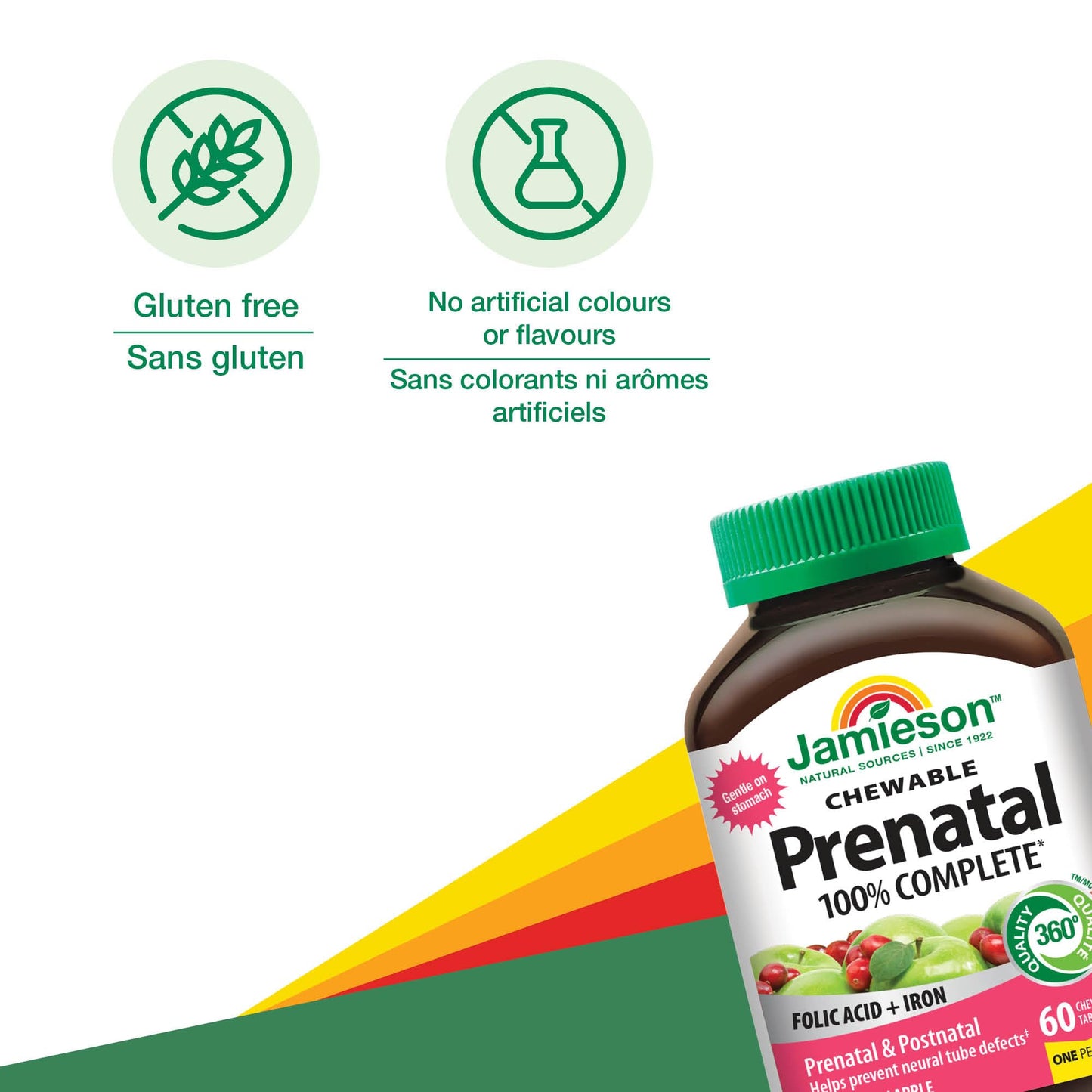 Jamieson Prenatal 100% Complete Multivitamin Chewable Cranberry Apple Flavour, with Folic Acid and Iron. Formulated for Prenatal and Postnatal, and While Breastfeeding, Prevents Neural Tube Defects, No Artificial Colours or Flavours, One Per Day, 60 Count - Available at All In One Marketplace Canada