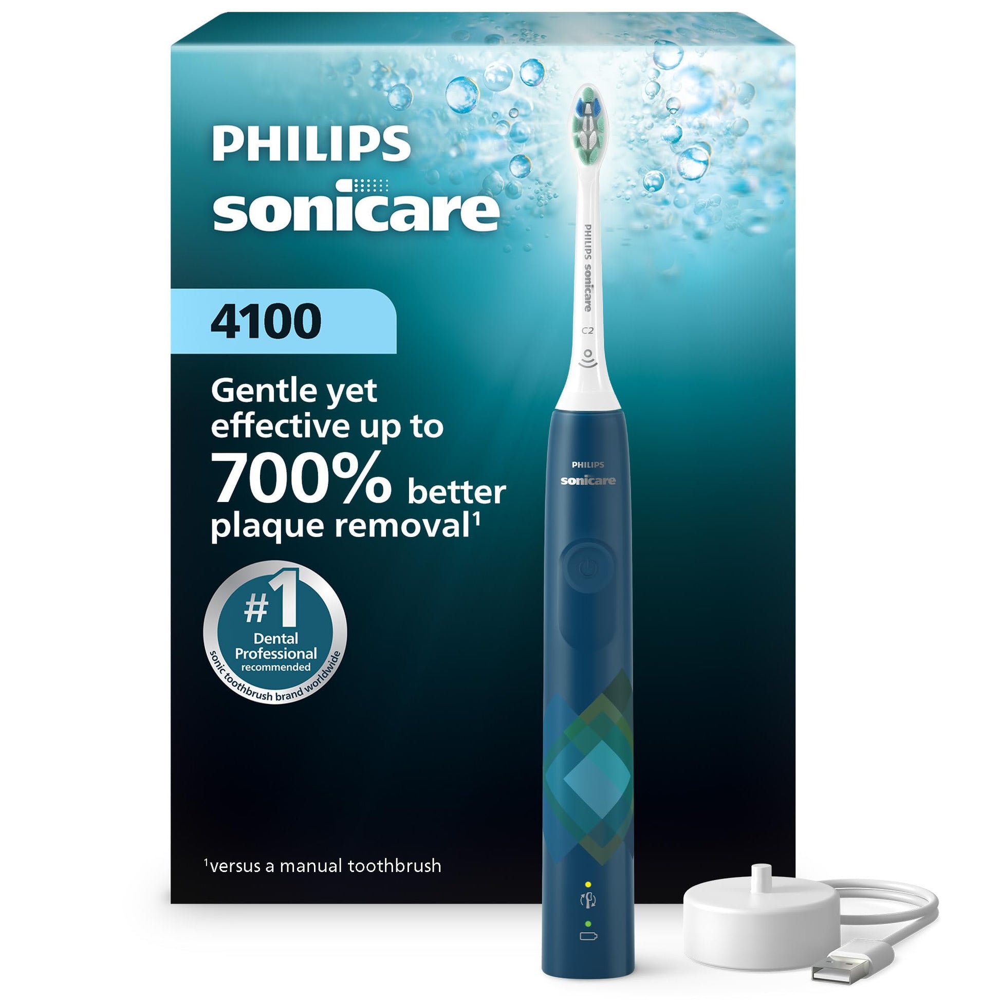 Philips Sonicare 4100 Electric Toothbrush, Sonic Toothbrush with Two Intensity Levels, Pressure Sensor and Timer, Malibu Prismatic, Model HX3689/22