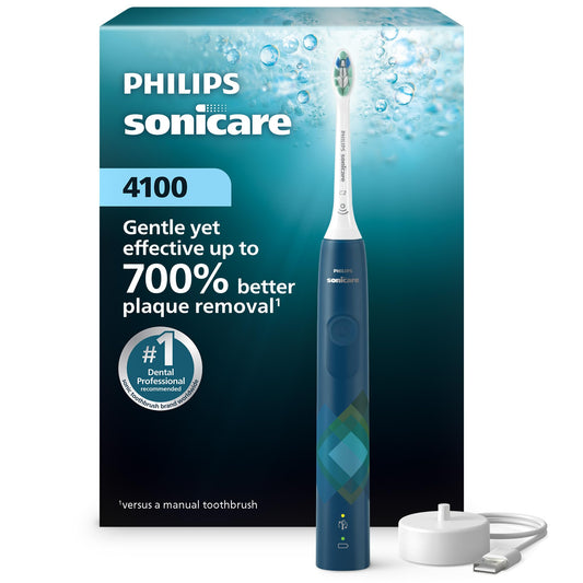Philips Sonicare 4100 Electric Toothbrush, Sonic Toothbrush with Two Intensity Levels, Pressure Sensor and Timer, Malibu Prismatic, Model HX3689/22