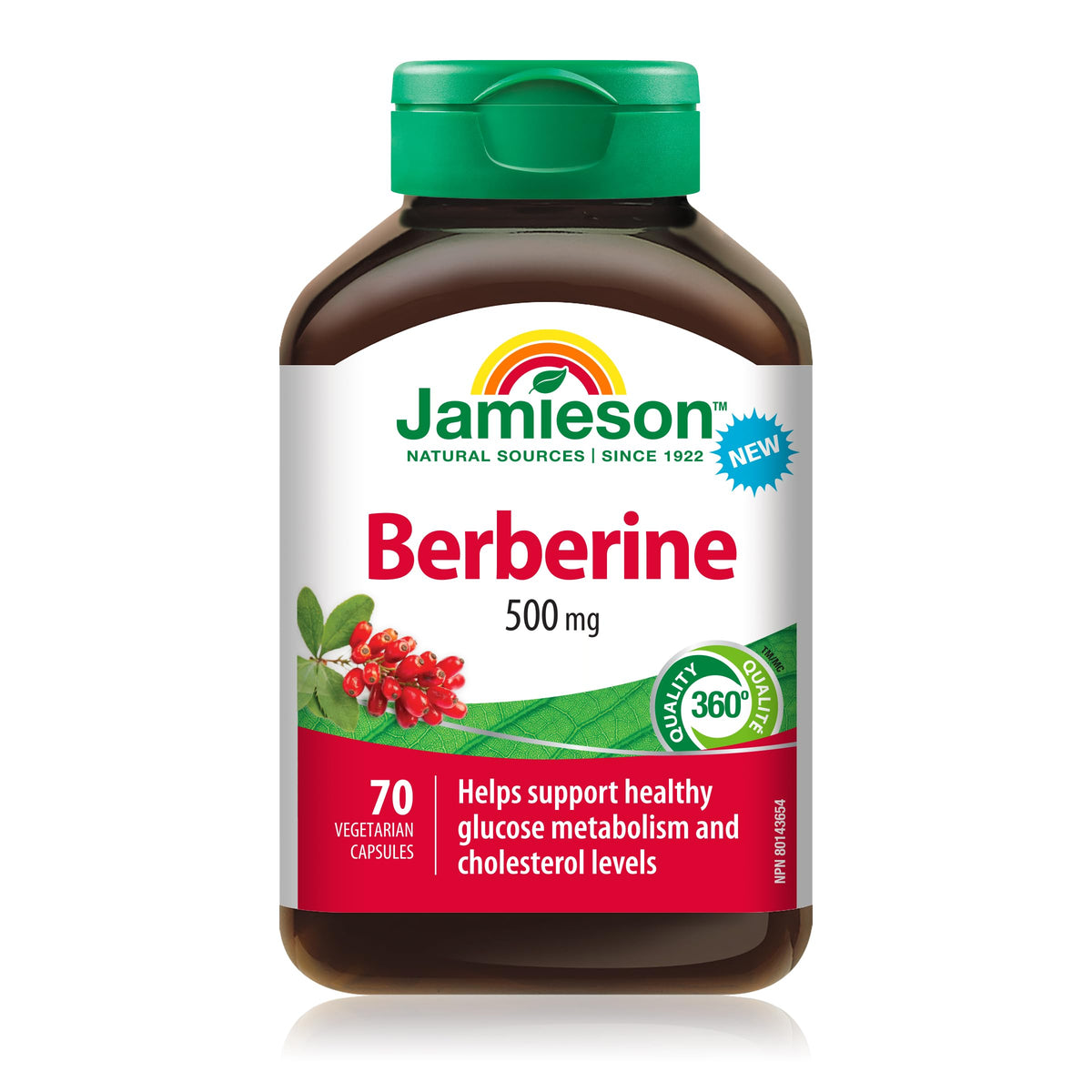 Jamieson Berberine, 500mg, Cholesterol Support, Healthy Glucose Metabolism, Non-GMO, Vegetarian, No Sugar, No Gluten, No Lactose, No Artificial Colours, Flavours, or Preservatives, 70 Capsules.