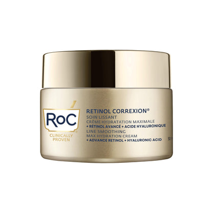 RoC Retinol Correxion Max Daily Hydration Anti-Aging Face Moisturizer with Hyaluronic Acid, Oil Free Skin Care Cream for Fine Lines, Dark Spots, Post-Acne Scars, 50ml, with Retinol Eye Cream Packette RoC