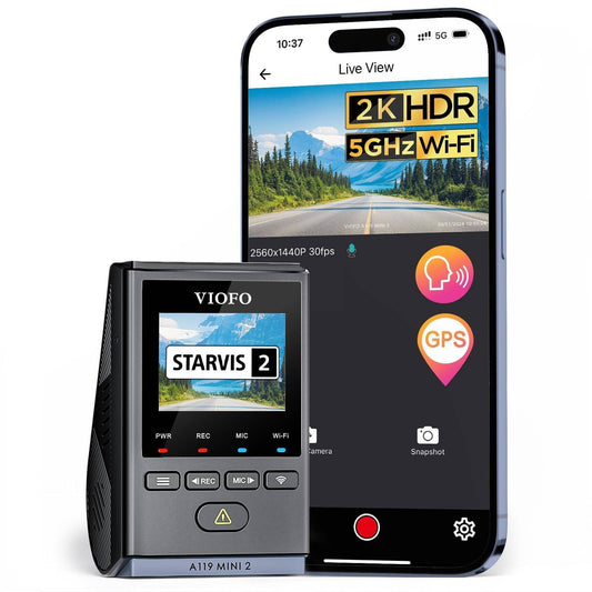 VIOFO Dash Cam Front A119 Mini 2, STARVIS 2 Sensor, 2K 60fps/HDR 30fps Voice Control Car Dash Camera with 5GHz Wi-Fi GPS, Night Vision 2.0, 24H Parking Mode, Supercapacitor (SD Card Not Included) - Available at All In One Marketplace Canada