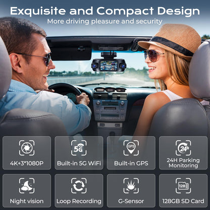 DELLFY 4 Channel Dash Cam, 4K Front & 3 * 1080P Rear/Left/Right, 360° Full View Dashcams for Cars, Built-in GPS & 5G WiFi APP, 24H Parking Mode, 8 IR Night Vision, G-Sensor, 128GB Card Included