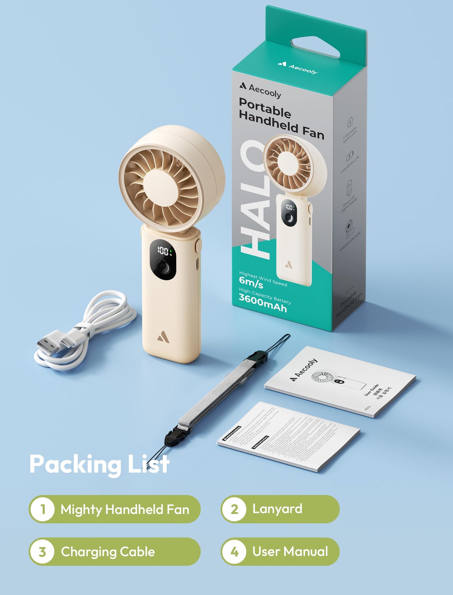 Aecooly Mighty Portable Hand Fan, 3 IN 1 USB Rechargeable Handheld Fan, [20H Max Cooling Time], 5-Speed Wind, LED Display, Mini Foldable Personal for Travle, Summer, Gifts for Women-Beige - Available at All In One Marketplace Canada