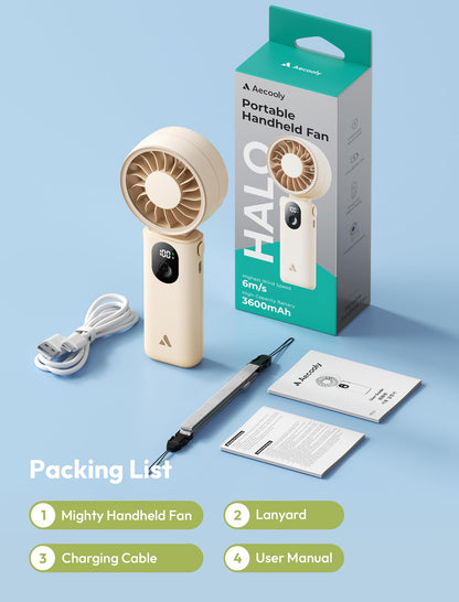 Aecooly Mighty Portable Hand Fan, 3 IN 1 USB Rechargeable Handheld Fan, [20H Max Cooling Time], 5-Speed Wind, LED Display, Mini Foldable Personal for Travle, Summer, Gifts for Women-Beige - Available at All In One Marketplace Canada