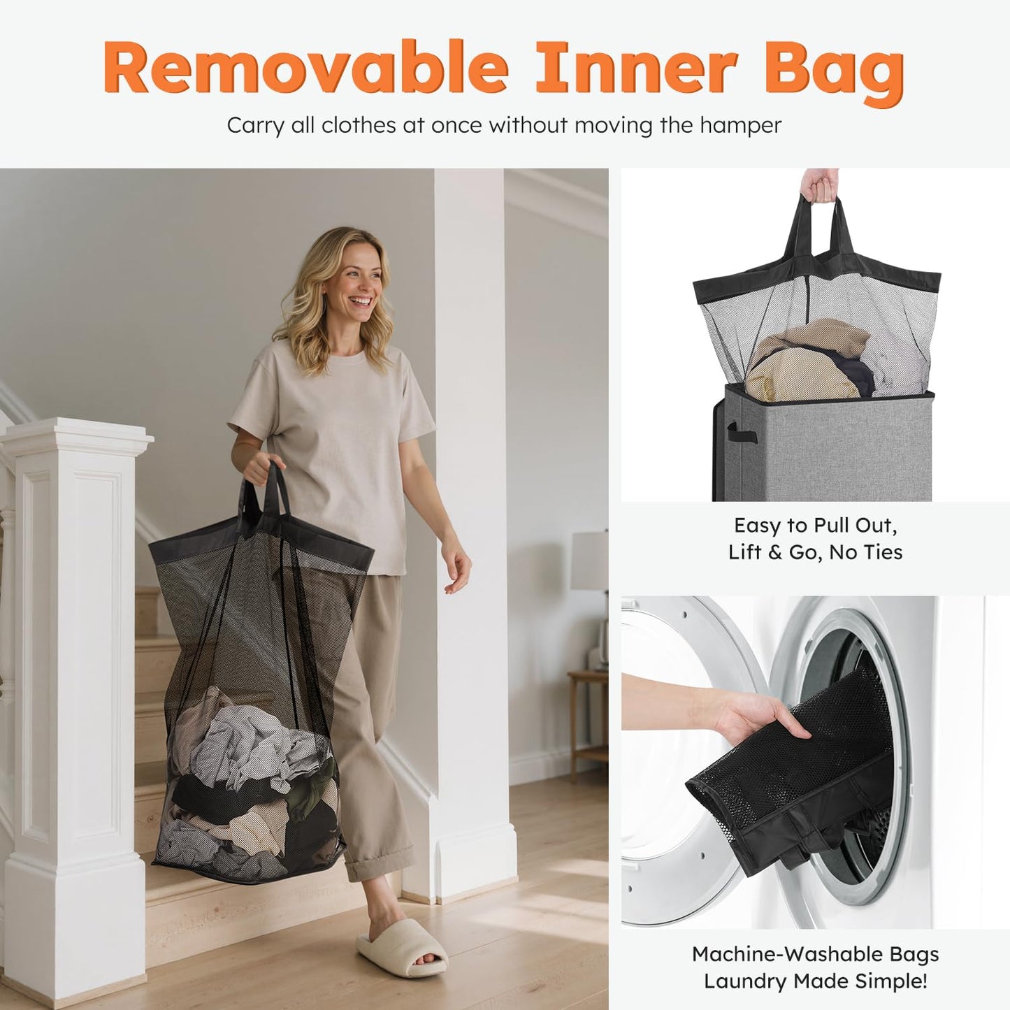 SOLEDI 100L Laundry Basket with Lid Large Laundry Hamper, Clothes Hamper with Laundry Bag Easy to Carry, Collapsible Storage Bins for Bedroom, Bathroom, Dorm, Apartment, College, Wardrobe, Grey