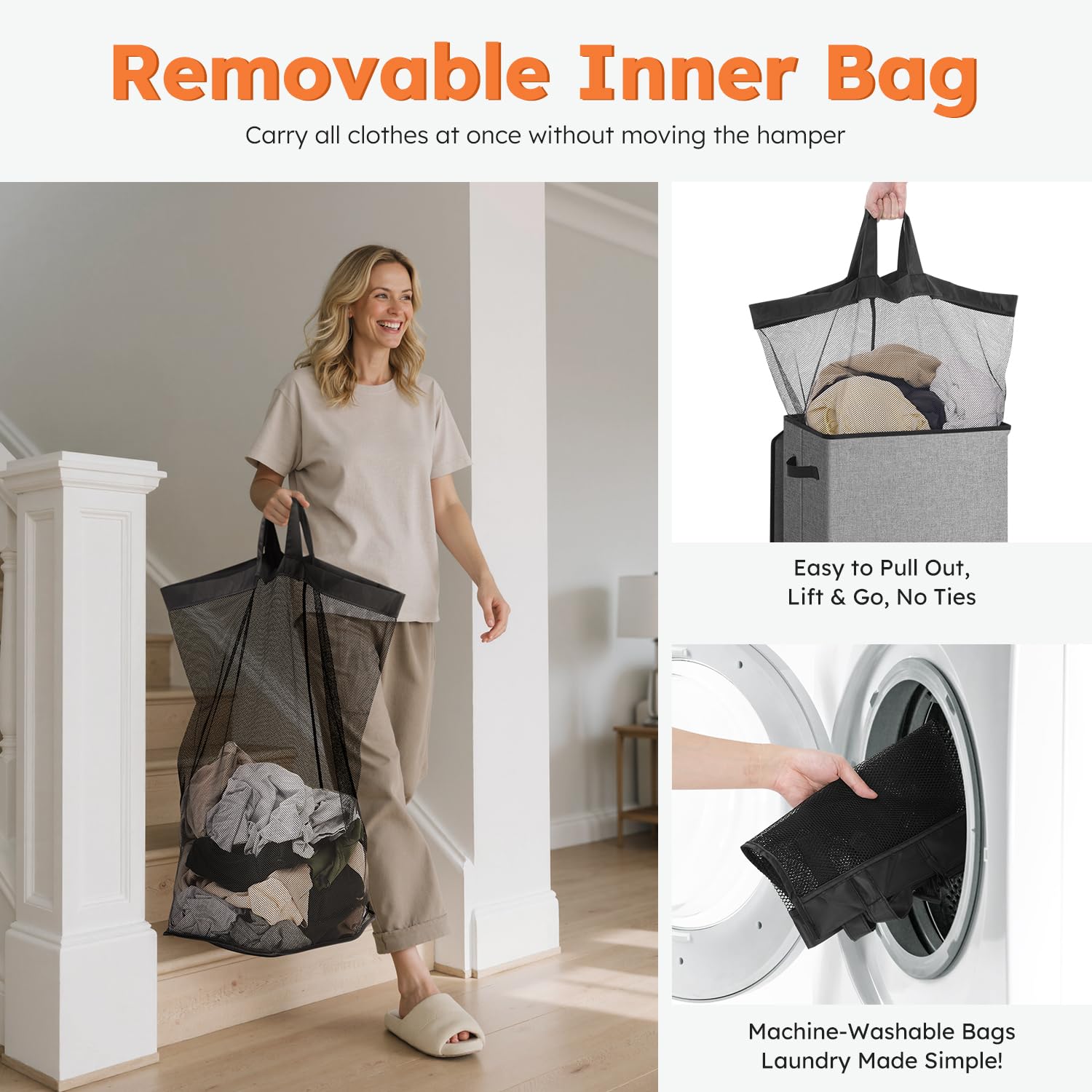 SOLEDI 100L Laundry Basket with Lid Large Laundry Hamper, Clothes Hamper with Laundry Bag Easy to Carry, Collapsible Storage Bins for Bedroom, Bathroom, Dorm, Apartment, College, Wardrobe, Grey