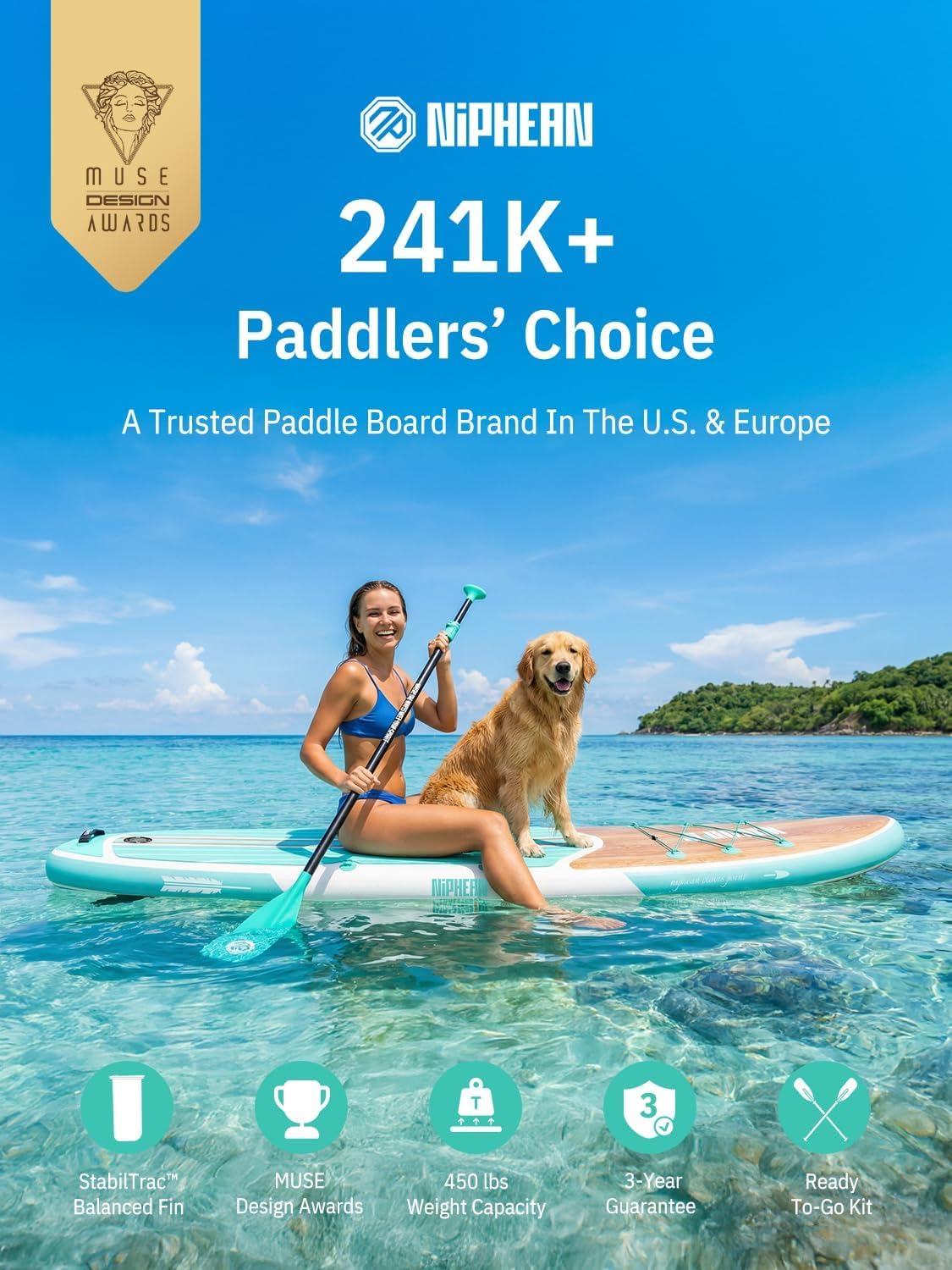 Niphean Inflatable Stand Up Paddle Board with SUP Accessories, 10'6'' All-Round Inflatable SUP, Anti-Slip EVA Deck, Inflatable Paddle Board for Adults & Youth