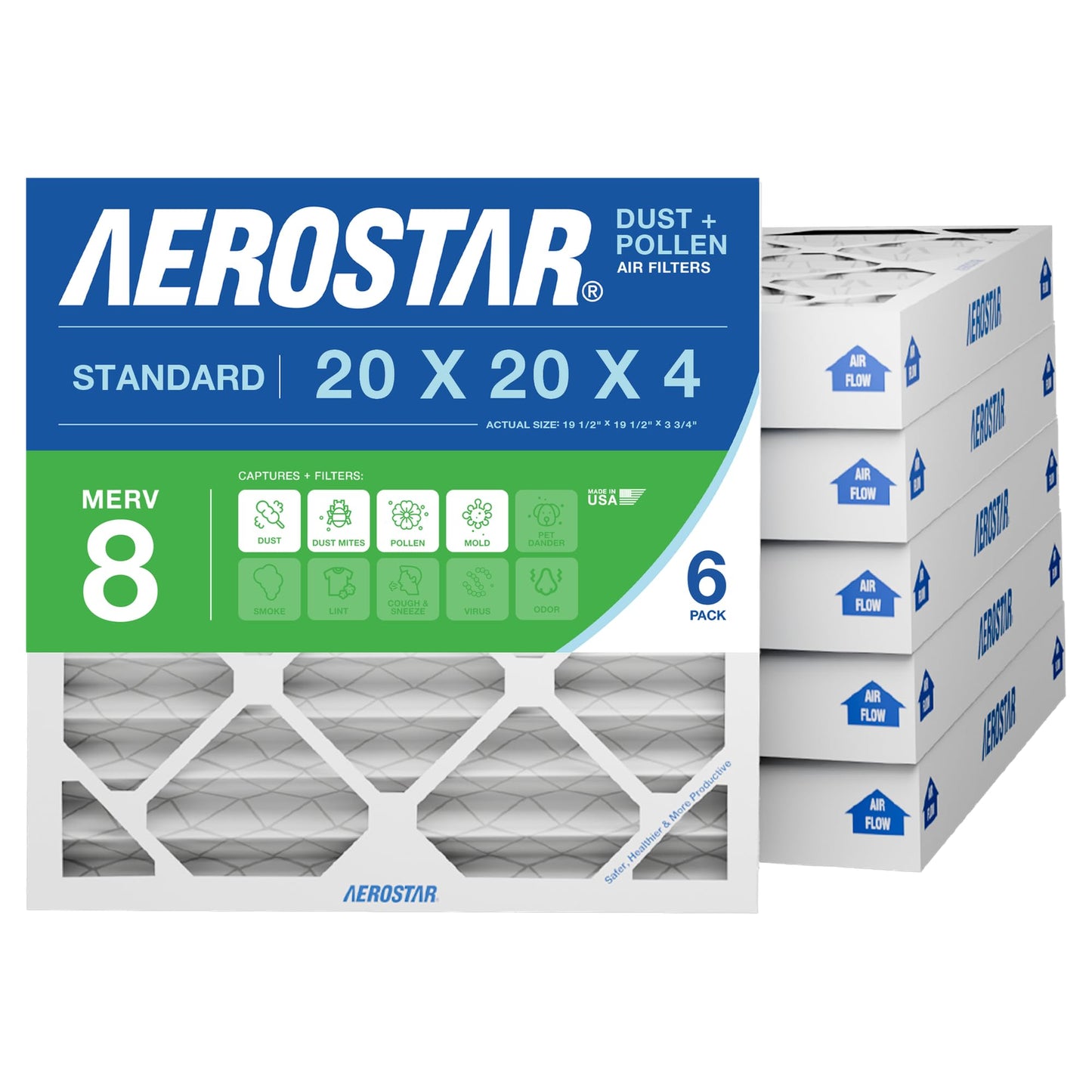 Aerostar 20 x 20 x 4 MERV 8 Pleated Air Filter, Pleated (Pack of 6) Aerostar