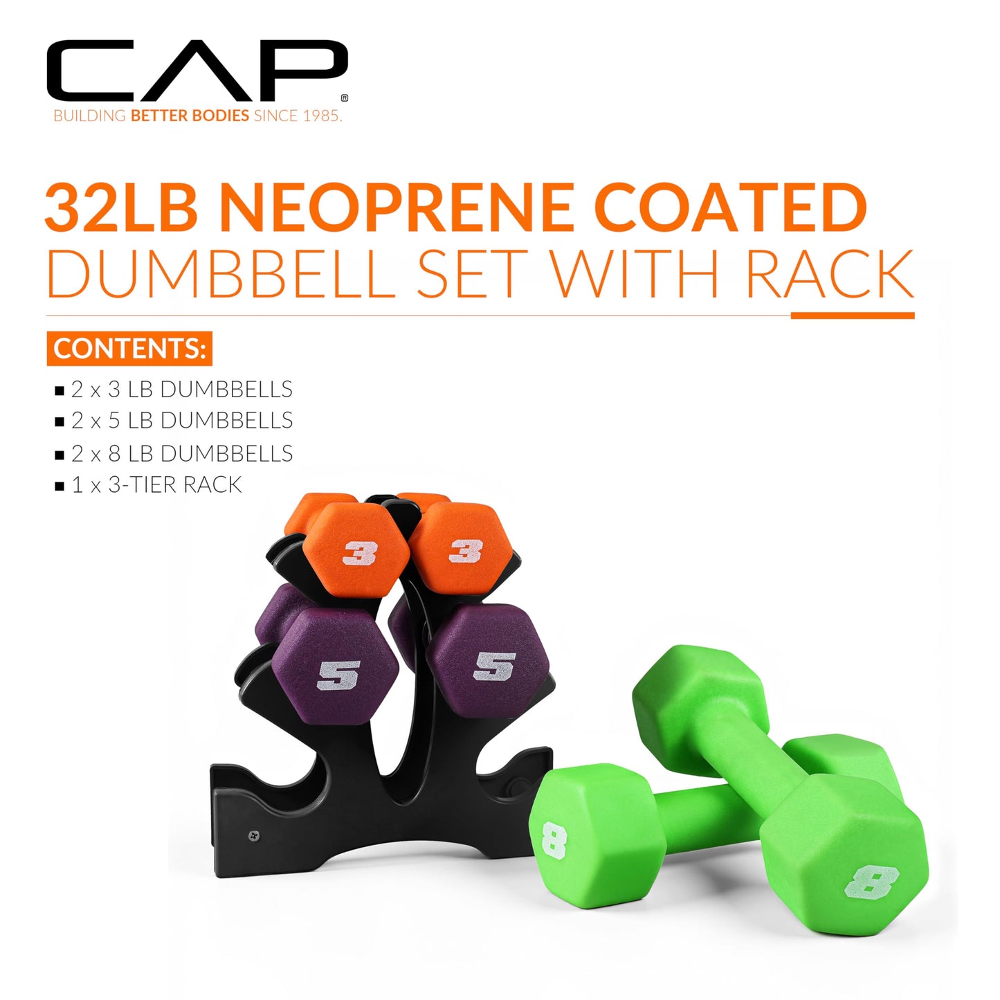 CAP Barbell 32 lb Neoprene Dumbbell Set with Rack |Includes 3, 5, 8 lb Pairs