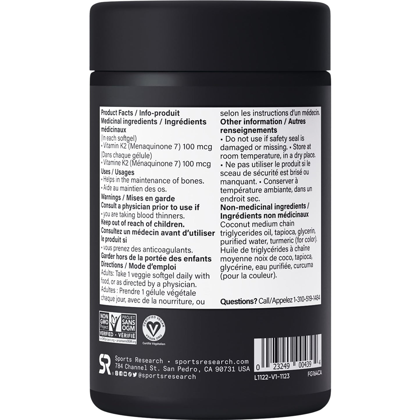Sports Research® Vitamin K2 MK-7 100mcg with Coconut MCT Oil, 60 Vegan Softgels (2 Month Supply), Vegan Certified, Non-GMO Verified, Gluten & Soy Free Supplement