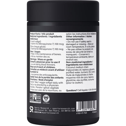Sports Research® Vitamin K2 MK-7 100mcg with Coconut MCT Oil, 60 Vegan Softgels (2 Month Supply), Vegan Certified, Non-GMO Verified, Gluten & Soy Free Supplement