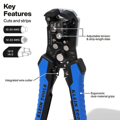 Klein Tools 11061 Self-Adjusting Stripper/Cutter, Heavy Duty, for 10-20 AWG Solid, 12-22 AWG Stranded, and Romex Wire 12/2 and 14/3
