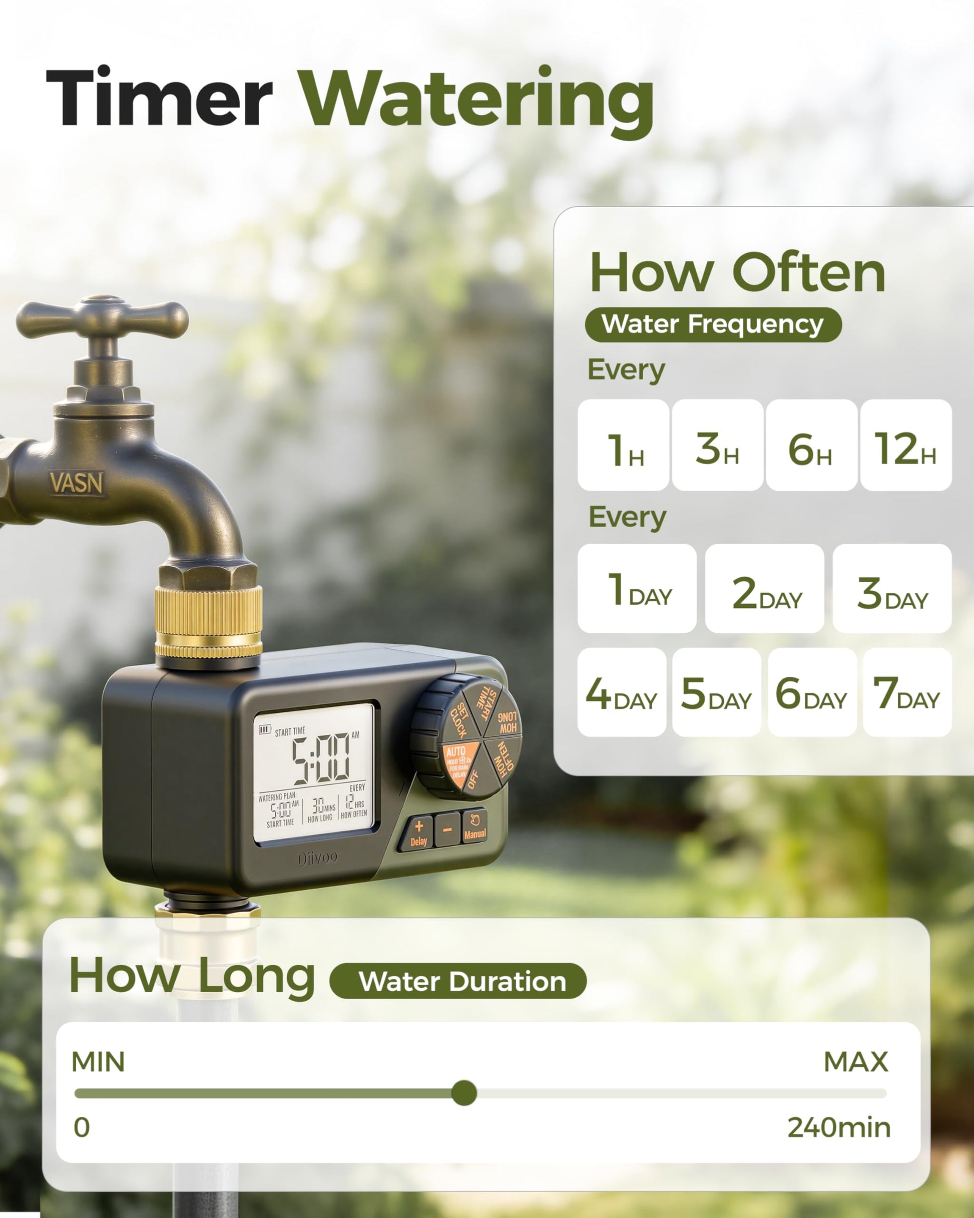 Diivoo Water Sprinkler Timer with Brass Inlet & Outlet, Irrigation Hose Timer with Weekly and Daily Frequency Irrigation, Rain Delay and Manual Watering for Lawns and Gardens