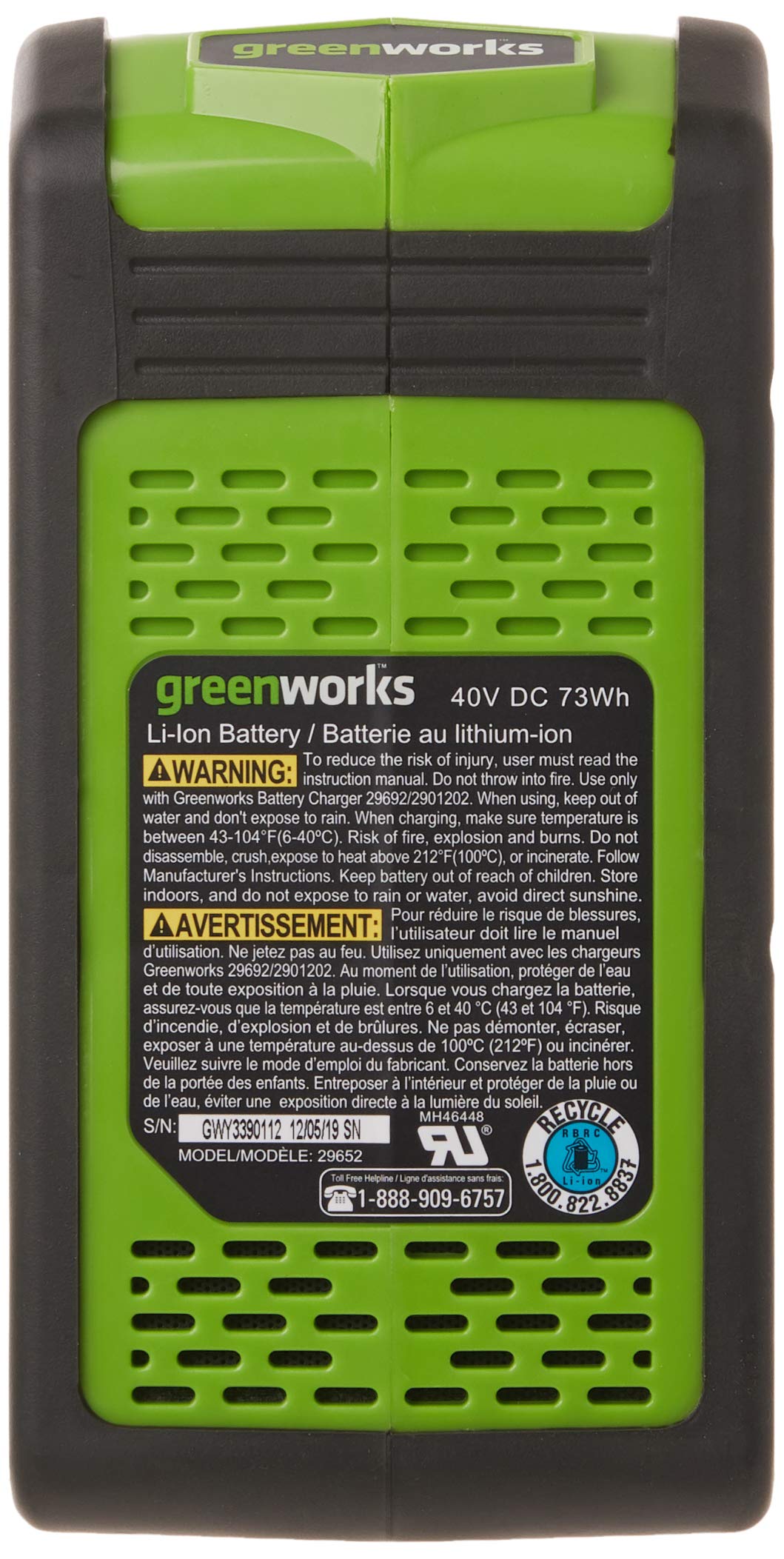 Greenworks 40V 2.0 Ah Lithium Ion Battery 29652, Green/Black - Available at All In One Marketplace Canada