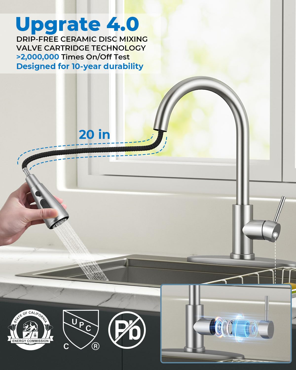 WEWE Pull-Down Kitchen Faucet with Sprayer 3 Modes, High Arc Stainless Steel with Brushed Nickel Finish, for 1 or 3 Hole Kitchen Sinks for Pot Filler, Farmhouse Bar Laundry