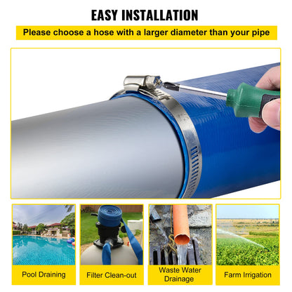 VEVOR Discharge Hose, 1-1/2" x 100', PVC Fabric Lay Flat Hose, Heavy Duty Backwash Drain Hose with Clamps, Weather-Proof & Burst-Proof, Ideal for Swimming Pool & Water Transfer, Blue VEVOR