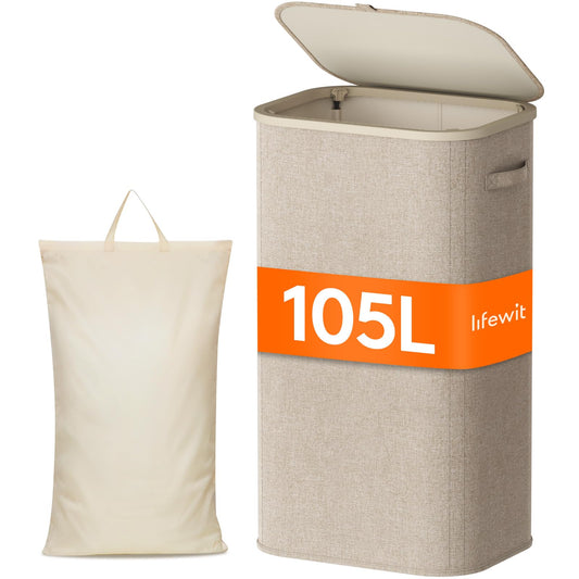 Lifewit 105L Laundry Basket with Lid, Large Laundry Hamper with Handles and Removable Bag, Collapsible Tall Dirty Clothes Hamper for Laundry Room, Bedroom, Bathroom, Dorm, Beige