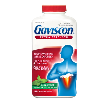 Gaviscon Extra Strength Tablets - 120 Count - Chewable Foaming Antacid Tablets for Day and Night Heartburn Relief, Acid Reflux and GERD Relief, Cooling & Refreshing Peppermint - Free of Aluminum 🍁 All In One Marketplace Canada